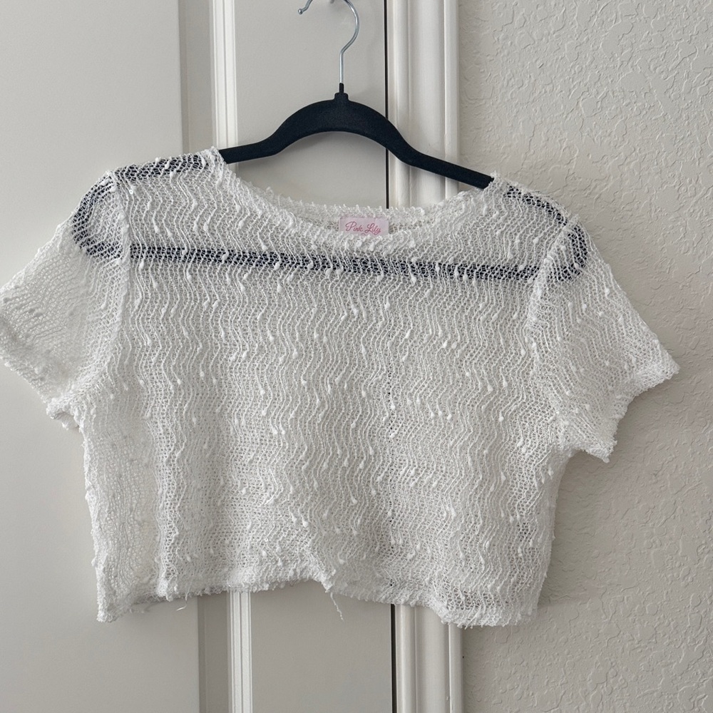 Pink Lily White Open-Knit Cropped Sweater Tee